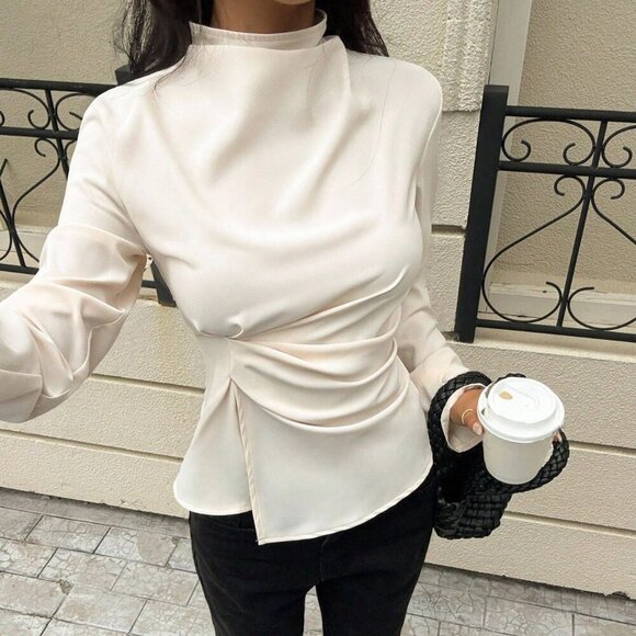 Apricot Elegant Women's Stand Collar Pleated Long Sleeve Blouse - Picture 6 of 6